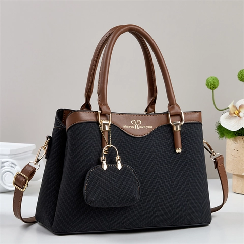 Borsa A Mano Donna Pelle PU Tessuto Zigzag Grande Capacità Borsa A Tracolla Con Mini Pochette Slogan Fiocco Elegante