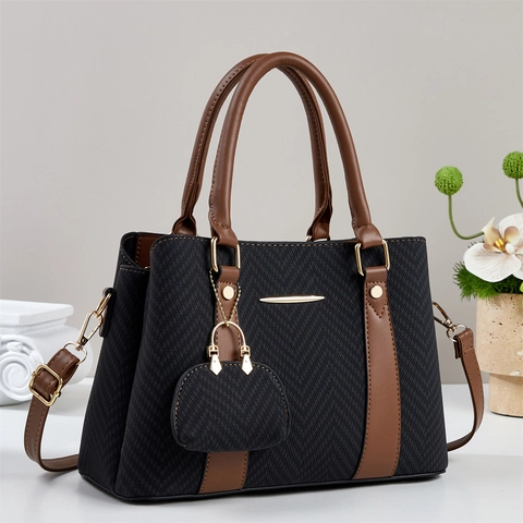 Women Tweed Herringbone Handbag PU Leather Trim Large Capacity Shoulder Tote Bag And Mini Purse Charm Retro Style