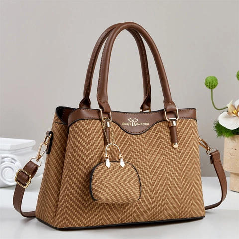Borsa A Mano Donna Pelle PU Tessuto Zigzag Grande Capacità Borsa A Tracolla Con Mini Pochette Slogan Fiocco Elegante