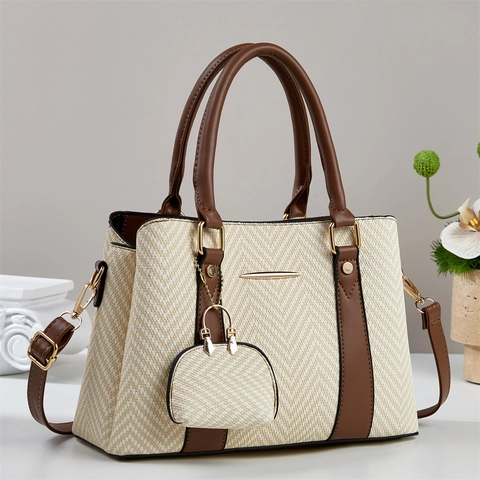 Women Tweed Herringbone Handbag PU Leather Trim Large Capacity Shoulder Tote Bag And Mini Purse Charm Retro Style