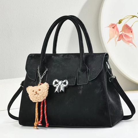 Women PU Leather Handbag With Silver Bow Buckle And Plush Bear Charm Crossbody Shoulder Bag For Daily Elegance