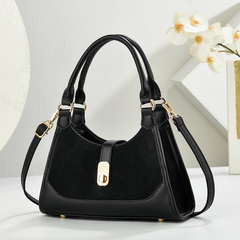 Mode Femmes Daim Couture Sac à Main en Cuir PU Sac en Bandoulière Vintage Carré Sac à Épaule Fermoir Doré Commute Tote Bag
