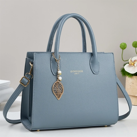 Bolso De Mano Para Mujer Bolso De Hombro Cuero PU Patrón Lichi Gran Capacidad Bolso Bandolera Con Colgante Hoja Perla Artificial Elegante Moderno