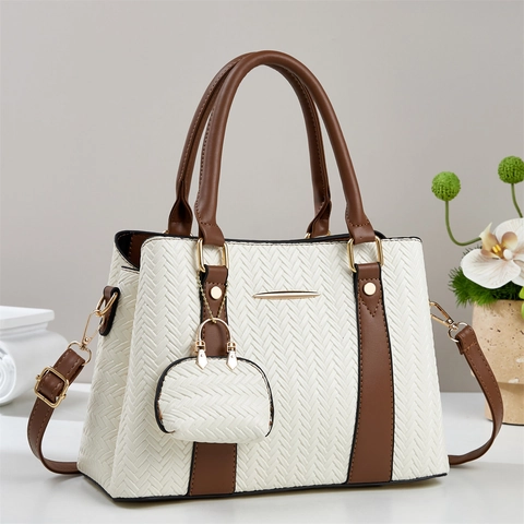 Women PU Leather Handbag Crossbody Bag Herringbone Woven Texture Large Capacity Commuting Fashion With Mini Pouch