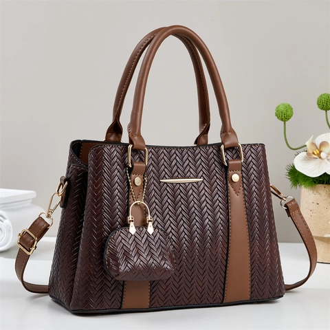 Women PU Leather Handbag Crossbody Bag Herringbone Woven Texture Large Capacity Commuting Fashion With Mini Pouch