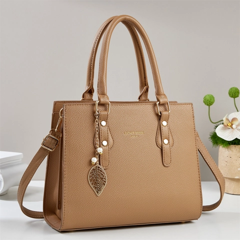 Sac À Main Femme Cuir PU Motif Litchi Grande Capacité Commuter Style Coréen Sac À Bandoulière Pendentif Feuille