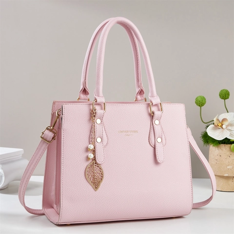 Sac À Main Femme Cuir PU Motif Litchi Grande Capacité Commuter Style Coréen Sac À Bandoulière Pendentif Feuille