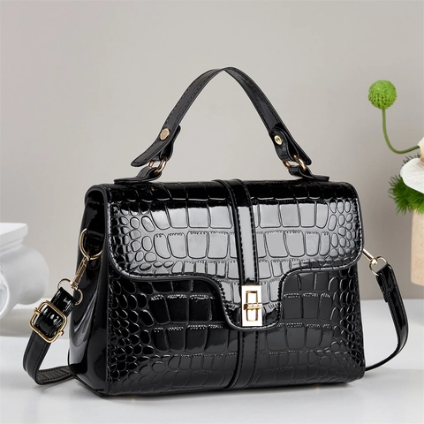 Women Crocodile Embossed Patent Leather Handbag Vintage Square Satchel Messenger Shoulder Bag Elegant Office Lady Top Handle Purse