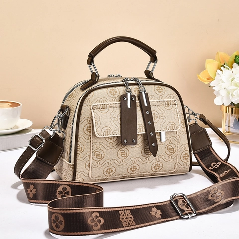 Vintage Monogram Handbag French Style PU Leather Canvas Crossbody Shoulder Bag With Wide Strap For Women