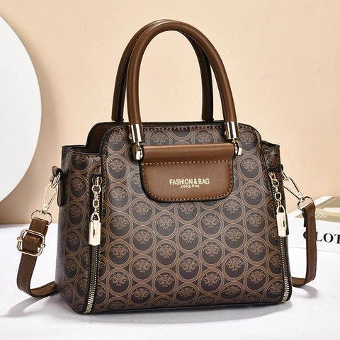 Women Handbag PU Leather Vintage Monogram Top Handle Crossbody Shoulder Bag Large Capacity Daily Fashion For Lady