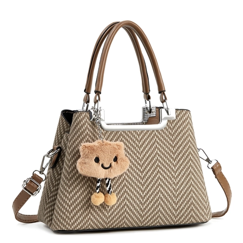 Sac À Main Femme En Tissu À Chevrons Et Similicuir Grande Capacité Sac Bandoulière Avec Pendentif Nuage Style Urbain Vintage