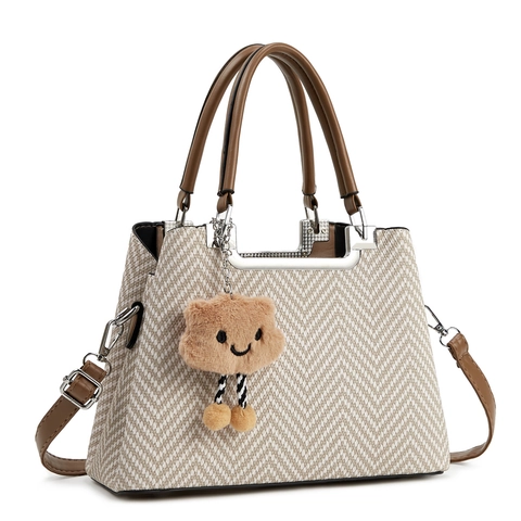 Sac À Main Femme En Tissu À Chevrons Et Similicuir Grande Capacité Sac Bandoulière Avec Pendentif Nuage Style Urbain Vintage