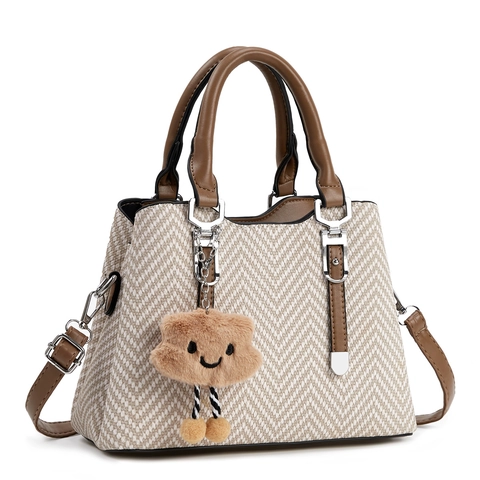 Women Woven Handbag Large Capacity PU Leather Tote Bag With Plush Cloud Charm Elegant Crossbody Bag For Daily Use