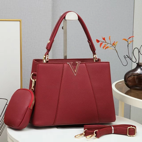 Borsa A Mano Donna Pelle PU Grana Litchi Tracolla Con Logo V Dorato Piccola Pochette Elegante Borsa Con Manico