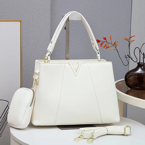 Borsa A Mano Donna Pelle PU Grana Litchi Tracolla Con Logo V Dorato Piccola Pochette Elegante Borsa Con Manico