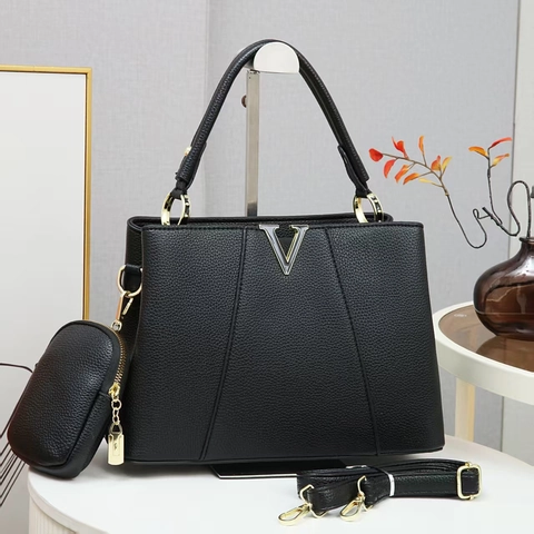 Fashion V-Logo Handbag And Small Pouch Adjustable Strap PU Leather Lychee Texture Tote Bag For Daily Commuting Office Women