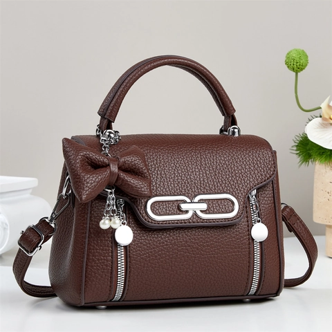 Women Fashion PU Leather Handbag Litchi Pattern Crossbody Bag With Bow Pearl Pendant Adjustable Strap Top Handle For Daily