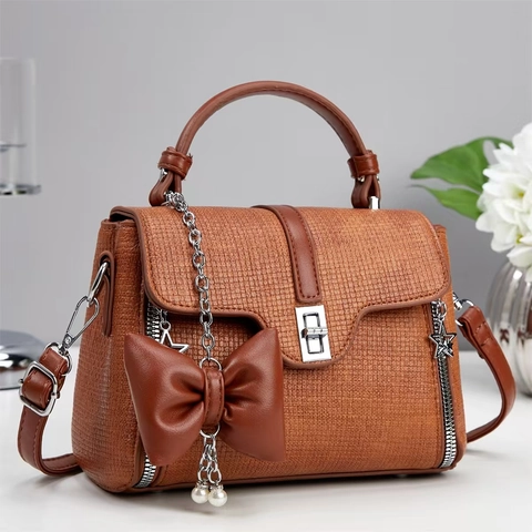 Women Handbag Woven Texture PU Tweed Bow Artificial Pearl Pendant Crossbody Shoulder Bag Square Fashion