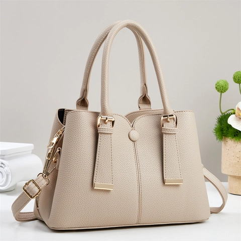 Women Handbag Litchi Grain PU Leather Top Handle Gold Hardware Commute Shoulder Bag Large Capacity Simple Chic