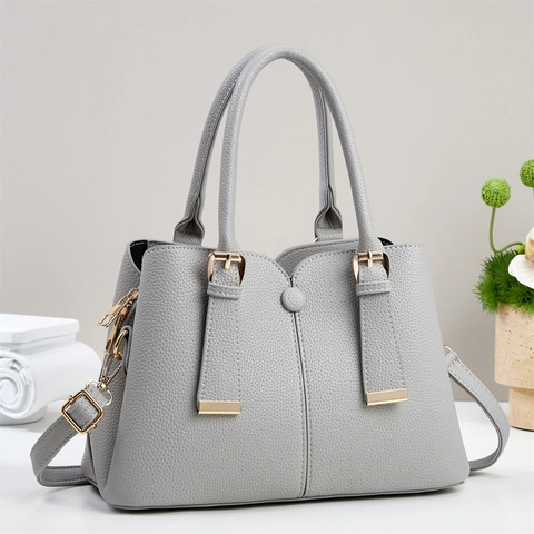 Women Handbag Litchi Grain PU Leather Top Handle Gold Hardware Commute Shoulder Bag Large Capacity Simple Chic