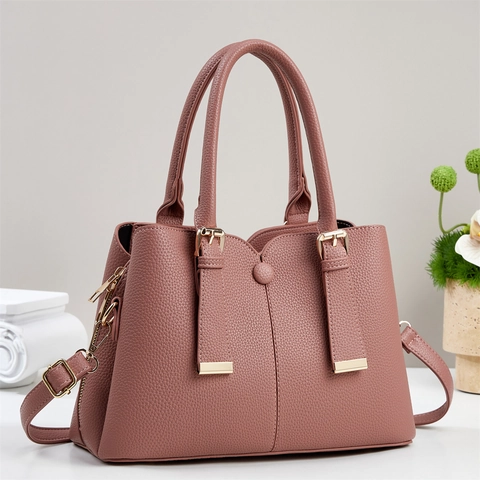Women's Fashion Litchi Texture PU Leather Handbag Solid Color Commuter Shoulder Bag With Gold Hardware Adjustable Strap
