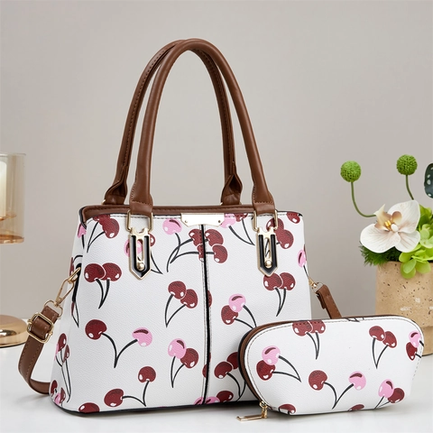 Women Cherry Print Handbag And Pouch PU Leather Tote Bag Adjustable Shoulder Strap Fashionable Elegant Versatile