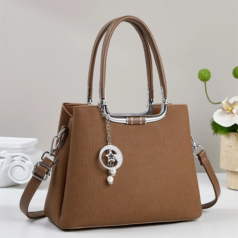Bolso De Mano Mujer Cuero PU Gran Capacidad Retro Bolso Bandolera Con Colgante Estrella Luna Perla Artificial Asa