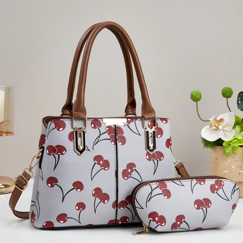 Women Cherry Print Handbag And Pouch PU Leather Tote Bag Adjustable Shoulder Strap Fashionable Elegant Versatile