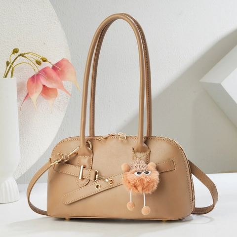 Retro PU Leather Underarm Shoulder Bag Handheld Commuter Trendy Fashion With Plush Monster Pendant For Women