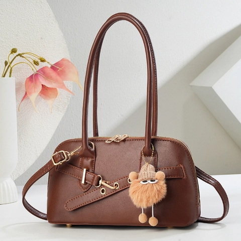 Retro PU Leather Underarm Shoulder Bag Handheld Commuter Trendy Fashion With Plush Monster Pendant For Women