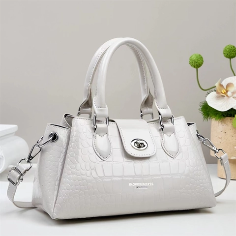 Crocodile Pattern PU Leather Handbag Glossy Shoulder Crossbody Bag With Silver Turn Lock Top Handle For Women