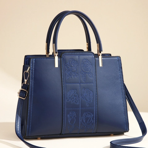 Damen Handtasche Rosenstickerei PU Leder Tote Bag Mit Abnehmbarem Schultergurt Elegante Strukturierte Umhängetasche