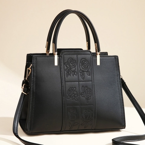 Sac à Main Élégant pour Femme Broderie Rose en Cuir PU Grande Capacité Sac à Poignée Supérieure avec Bandoulière Réglable Cadeau pour Mère