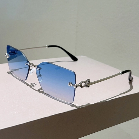 Gafas De Sol Sin Montura Para Mujer Marco De Metal Decoración Perla Corazón Lentes Degradadas Geométricas UV400 Trendy