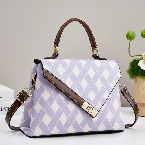 Geometrische Gewebte Canvas Handtasche PU Leder Besatz Henkeltasche Umhängetasche Mit Abnehmbarem Gurt Für Damen Retro