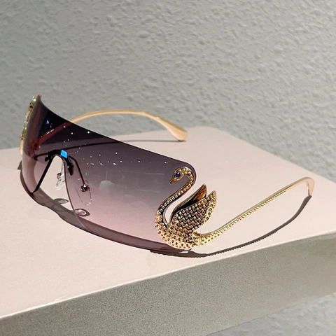 Occhiali Da Sole Senza Montatura A Montatura Grande Lenti Sfumate Con Decorazione A Cigno In Metallo E Strass Protezione UV400