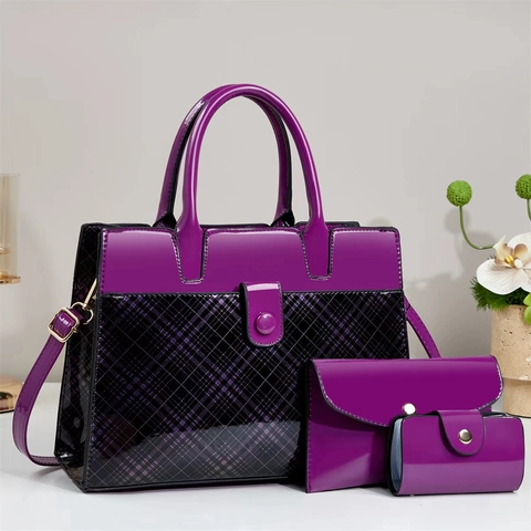 Damen Handtasche Beutel Und Kartenhalter Aus Glänzendem Lackleder Mit Karomuster Große Kapazität Umhängetasche Mode