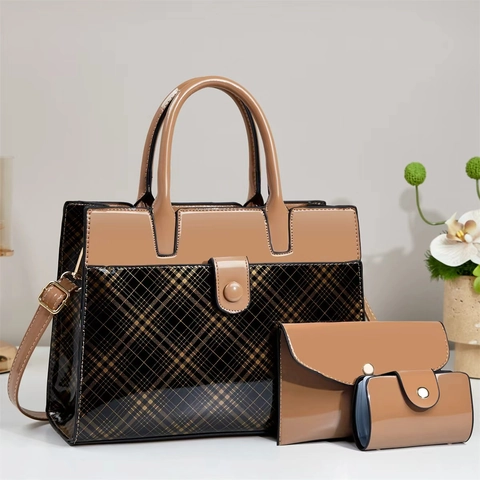 Women Handbag Pouch Card Holder Patent Leather Checkered Large Capacity Shoulder Crossbody Bag Elegant Urban Minimalist