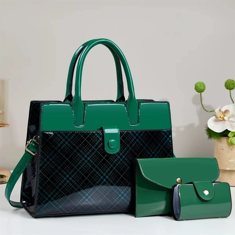 Damen Handtasche Aus Glänzendem Patent PU Leder Mit Beutel Und Kartenhalter Kariertes Patchwork Elegante Tasche