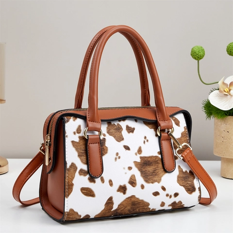 Cow Print Boston Tasche Vintage PU Leder Handtasche Mit Verstellbarem Schultergurt Für Damen Retro Große Kapazität