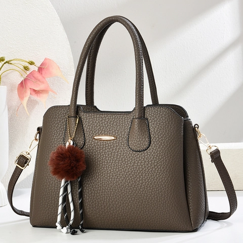 Women Handbag Lychee PU Leather Large Capacity Tote Purse Commute Retro Top Handle Bag With Pom Pom Pendant