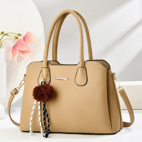 Women Handbag Lychee PU Leather Large Capacity Tote Purse Commute Retro Top Handle Bag With Pom Pom Pendant