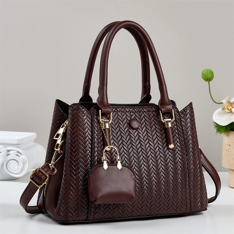 Borsa a Mano da Donna in Pelle Sintetica con Trama Intrecciata Grande Capacità Borsa a Tracolla con Mini Charm per Ufficio