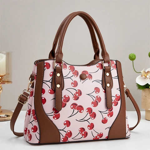 Kirschdruck Handtasche PU Leder Damen Schulter Umhängetasche Mit Abnehmbarem Riemen Mode Süßer Streetstyle
