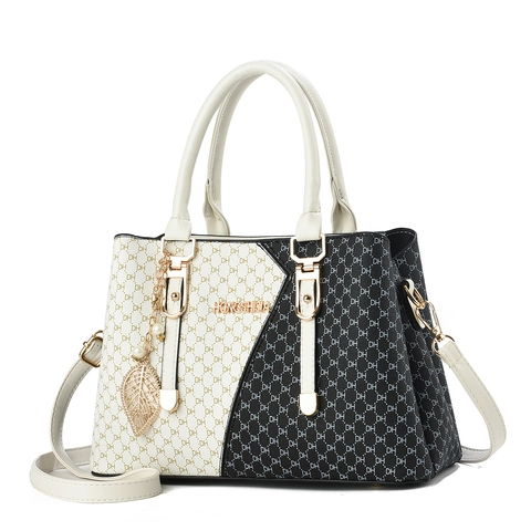 Fashion Women PU Leather Tote Bag DH Letter Print Handbag Color Block Elegant Commute Shoulder Bag With Leaf Charm