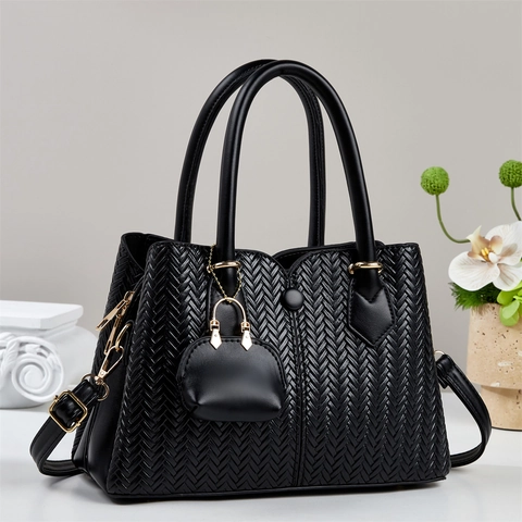 Women Woven PU Leather Handbag Retro Herringbone Texture Tote Bag With Mini Charm Adjustable Shoulder Strap Crossbody Bag