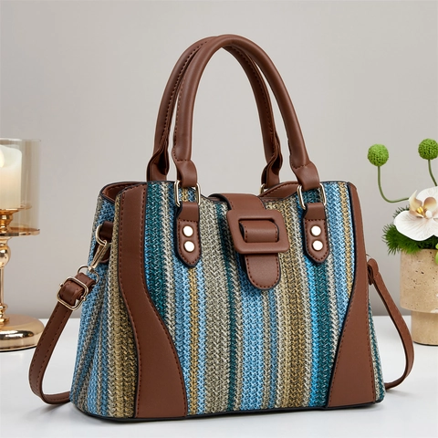 Borsa A Mano Da Donna Pelle PU Tessuto Intrecciato Righe Grande Capacità Vintage Tasche Multiple Borsa Tracolla