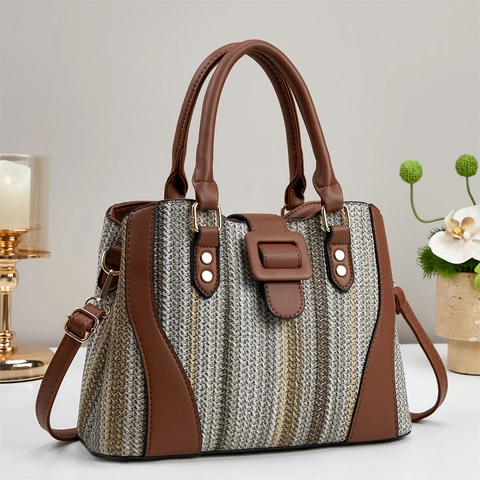 Borsa A Mano Da Donna Pelle PU Tessuto Intrecciato Righe Grande Capacità Vintage Tasche Multiple Borsa Tracolla