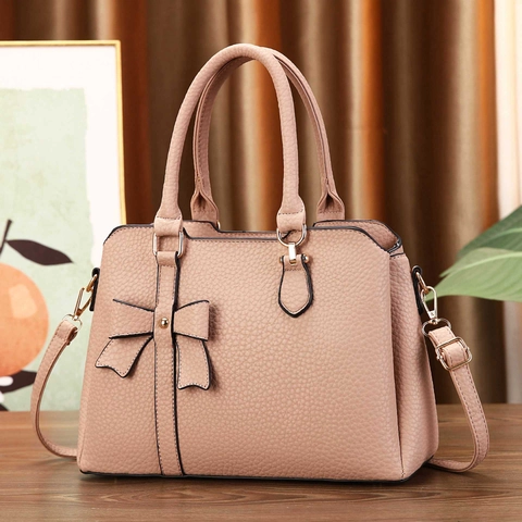 Women Handbag Lychee Texture PU Leather Large Capacity Tote Bag With Bow Decoration Elegant Daily Shoulder Crossbody Bag