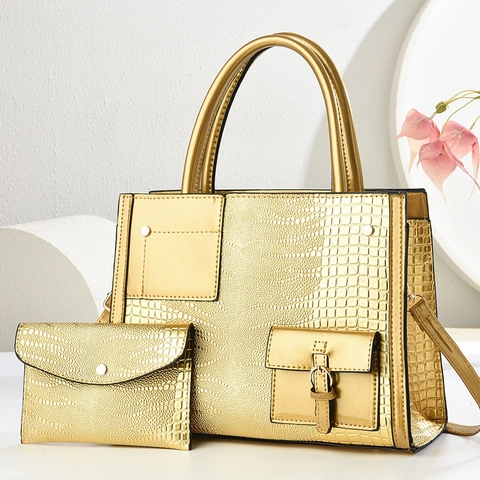 Alligator Pattern PU Leather Tote Bag And Pouch Crossbody Handbag Elegant Vintage Glossy Top Handle For Women